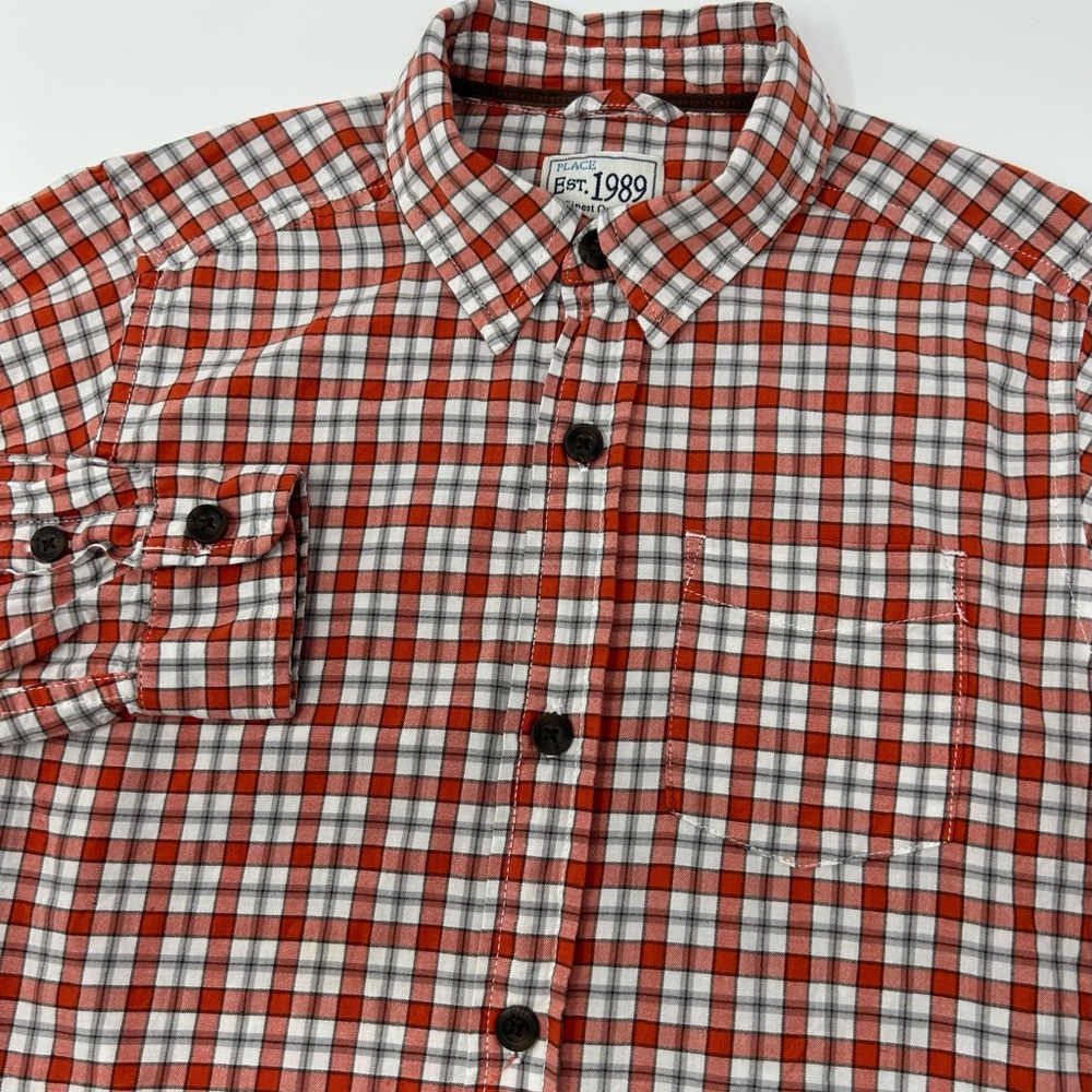 Place Est. 1989 Orange White Black Plaid Boys Long Sleeve Shirt Size M 7/8
